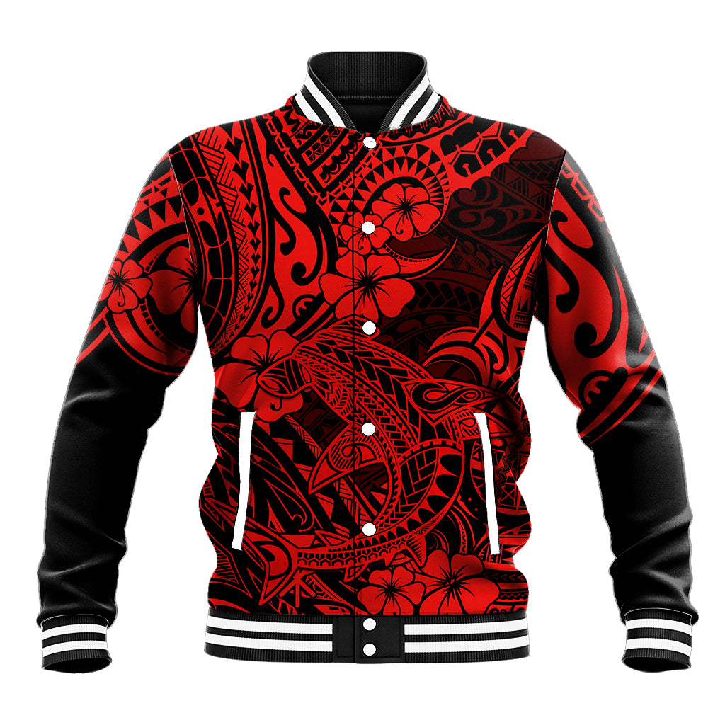 Red and black baseball jacket with Polynesian-style print, striped ribbed collar and cuffs.
