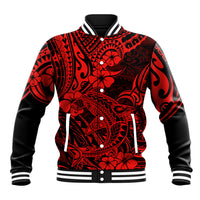 Red and black baseball jacket with Polynesian-style print, striped ribbed collar and cuffs.