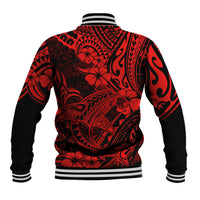 Red and black baseball jacket, Polynesian-style print on back, striped ribbed hem and cuffs.