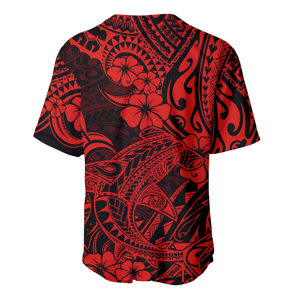Red and black shark baseball jersey, back view with hibiscus and tribal pattern