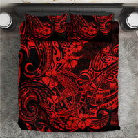 Red and black patterned shark-themed bedding set, top-down view