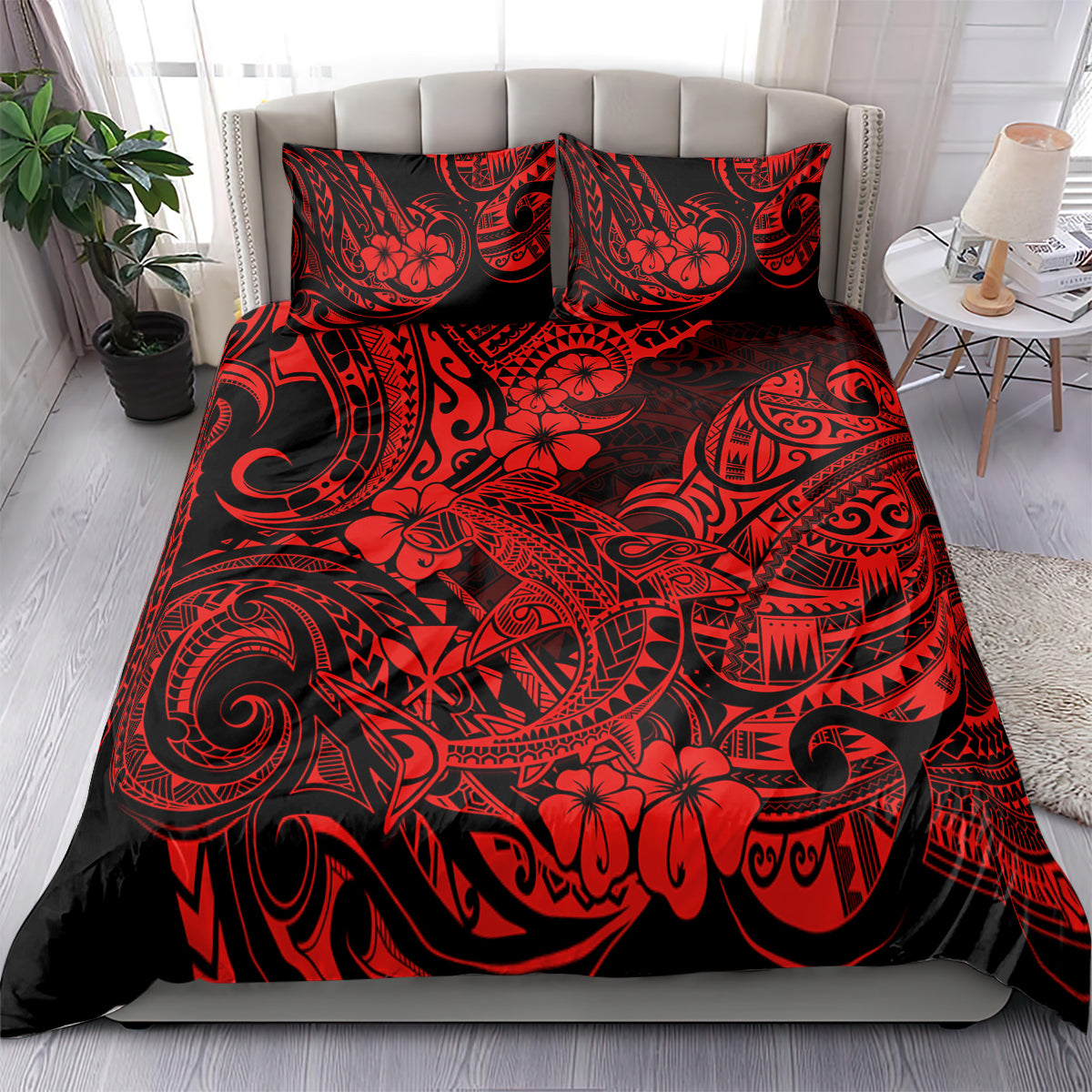 Red and black shark-themed bedding set with two pillow shams, on bed