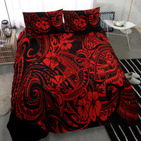 Red and black shark-themed bedding set with two pillow shams, angled view