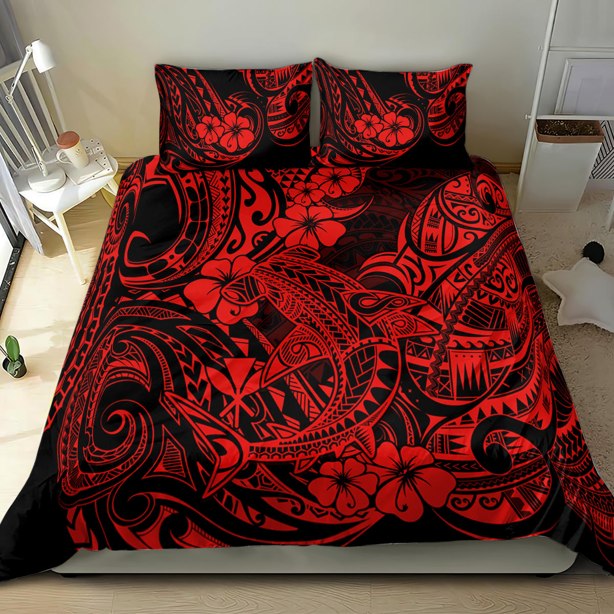 Red and black shark-themed bedding set with two pillow shams, three-quarter angle