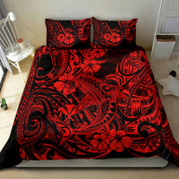 Red and black shark-themed bedding set with two pillow shams, three-quarter angle