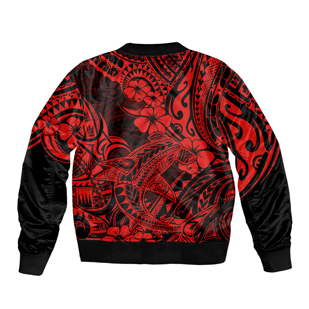 Unisex red bomber jacket back view with black Polynesian shark and floral pattern