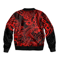 Unisex red bomber jacket back view with black Polynesian shark and floral pattern