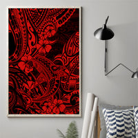 Framed canvas wall art with red shark and Polynesian motifs over black background