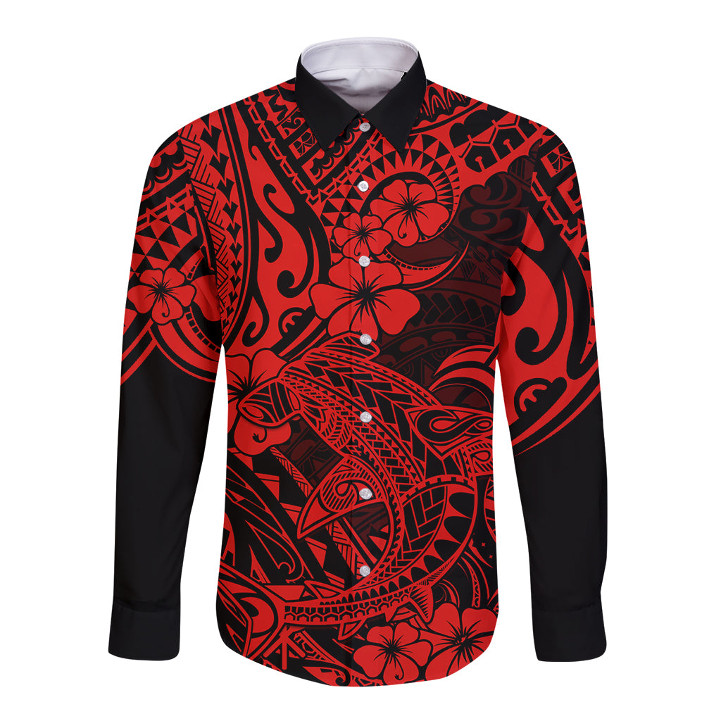 Red and black long sleeve button shirt with Polynesian shark print, front view