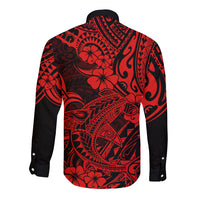 Red and black long sleeve button shirt with Polynesian shark print, back view