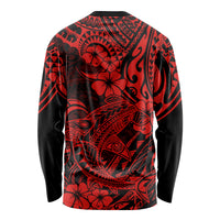 Unisex long sleeve crewneck shirt in red and black, shark Polynesian pattern back