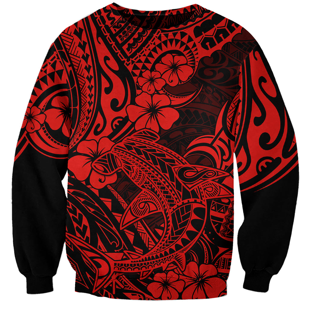 Unisex sweatshirt in red and black with Polynesian shark and floral pattern