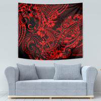 Red and black Polynesian shark tapestry with detailed circular and leaf-like designs