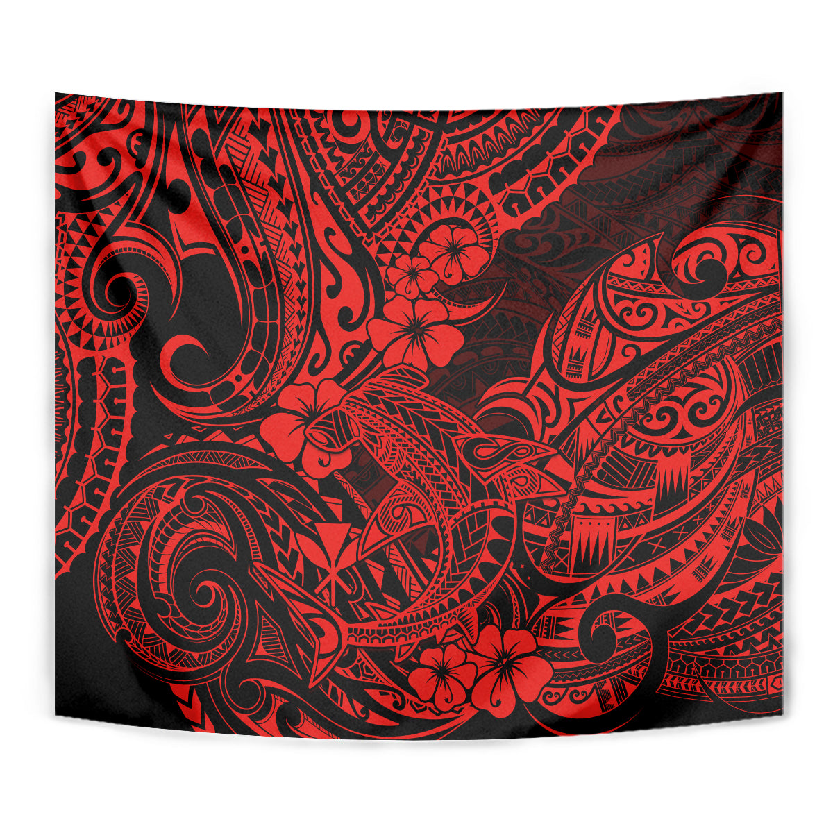Red and black shark Polynesian tapestry close-up with swirling tribal artwork