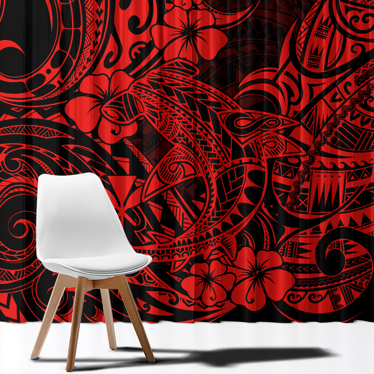 Close-up of red and black Polynesian patterned window curtain fabric