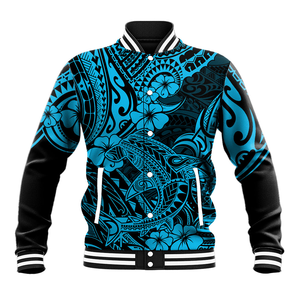 Unisex baseball jacket with sky-blue and black Polynesian shark graphic, ribbed collar and cuffs
