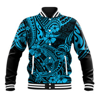 Unisex baseball jacket with sky-blue and black Polynesian shark graphic, ribbed collar and cuffs