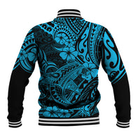 Unisex baseball jacket back with Polynesian shark hibiscus print, ribbed hem and striped cuffs