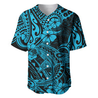 Blue baseball jersey with shark and hibiscus Polynesian graphic, button-front