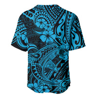 Baseball jersey back with blue shark, waves, and hibiscus Polynesian graphic print