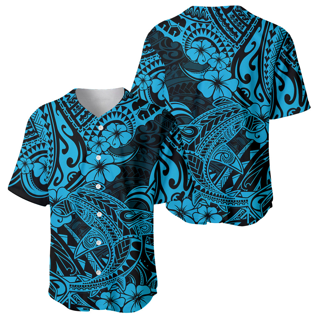 Baseball jersey with blue shark, hibiscus, and tribal Polynesian print, short sleeves