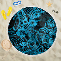 Round beach blanket, sky blue Polynesian shark pattern with fringed edge