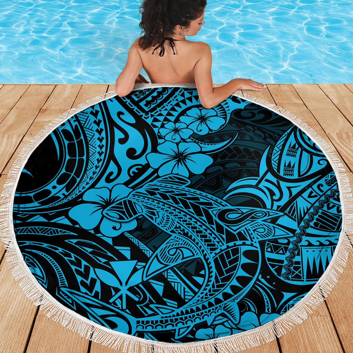 Round beach blanket with sky blue shark Polynesian pattern, fringed border