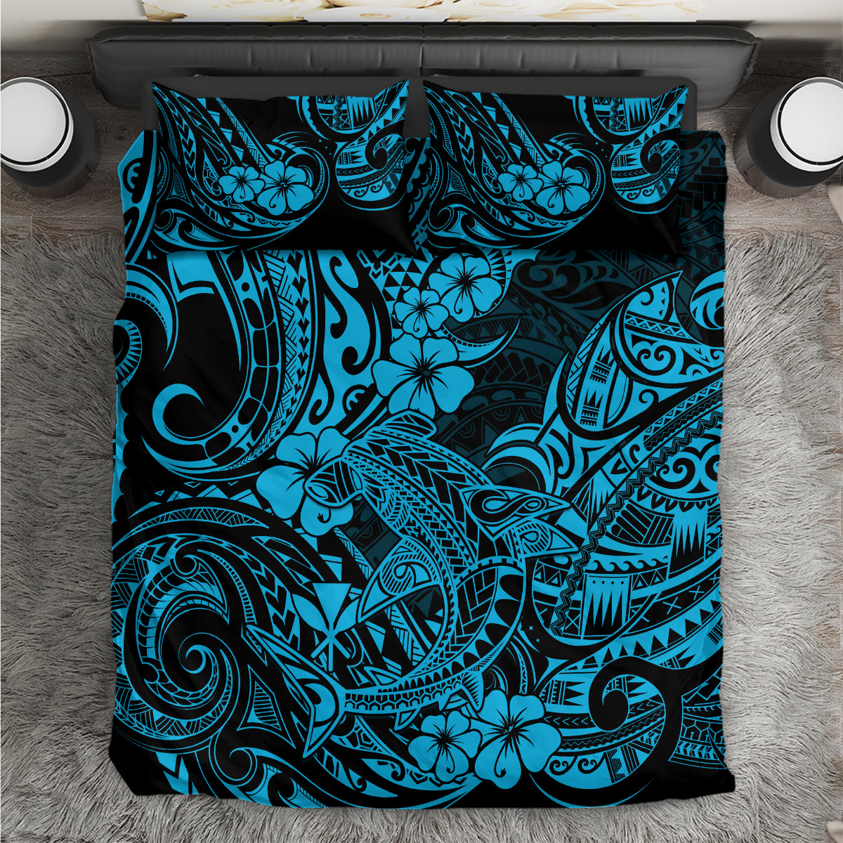 Shark bedding set with blue Polynesian pattern duvet cover and pillowcases