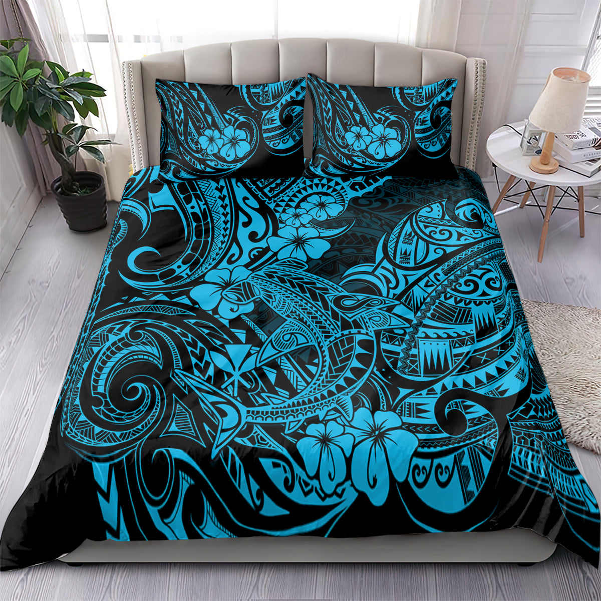 Shark bedding set on bed with blue Polynesian patterned duvet cover and two pillow shams