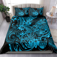 Shark bedding set on bed with blue Polynesian patterned duvet cover and two pillow shams