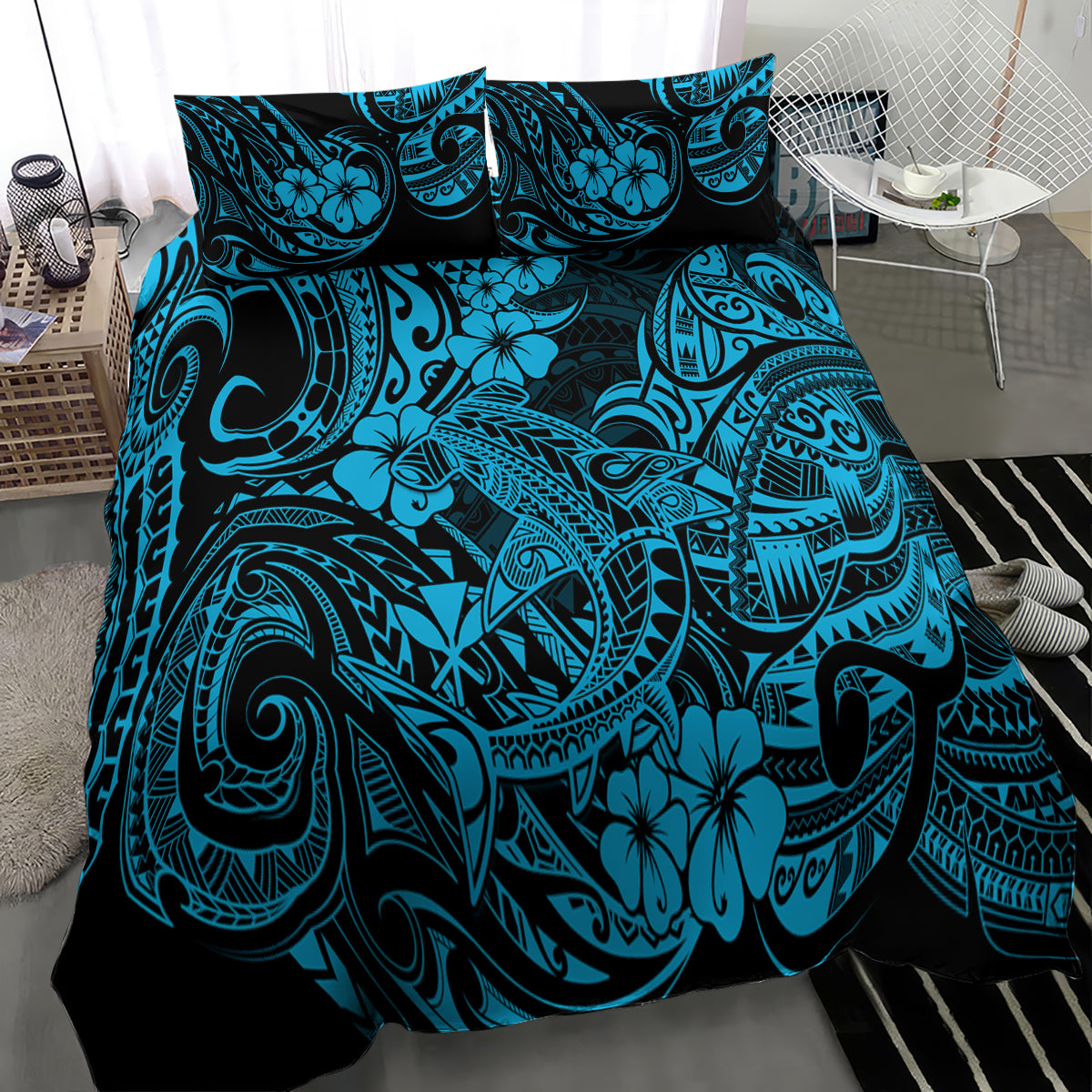 Shark bedding set with blue Polynesian pattern duvet cover and matching pillow shams