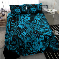 Shark bedding set with blue Polynesian pattern duvet cover and matching pillow shams