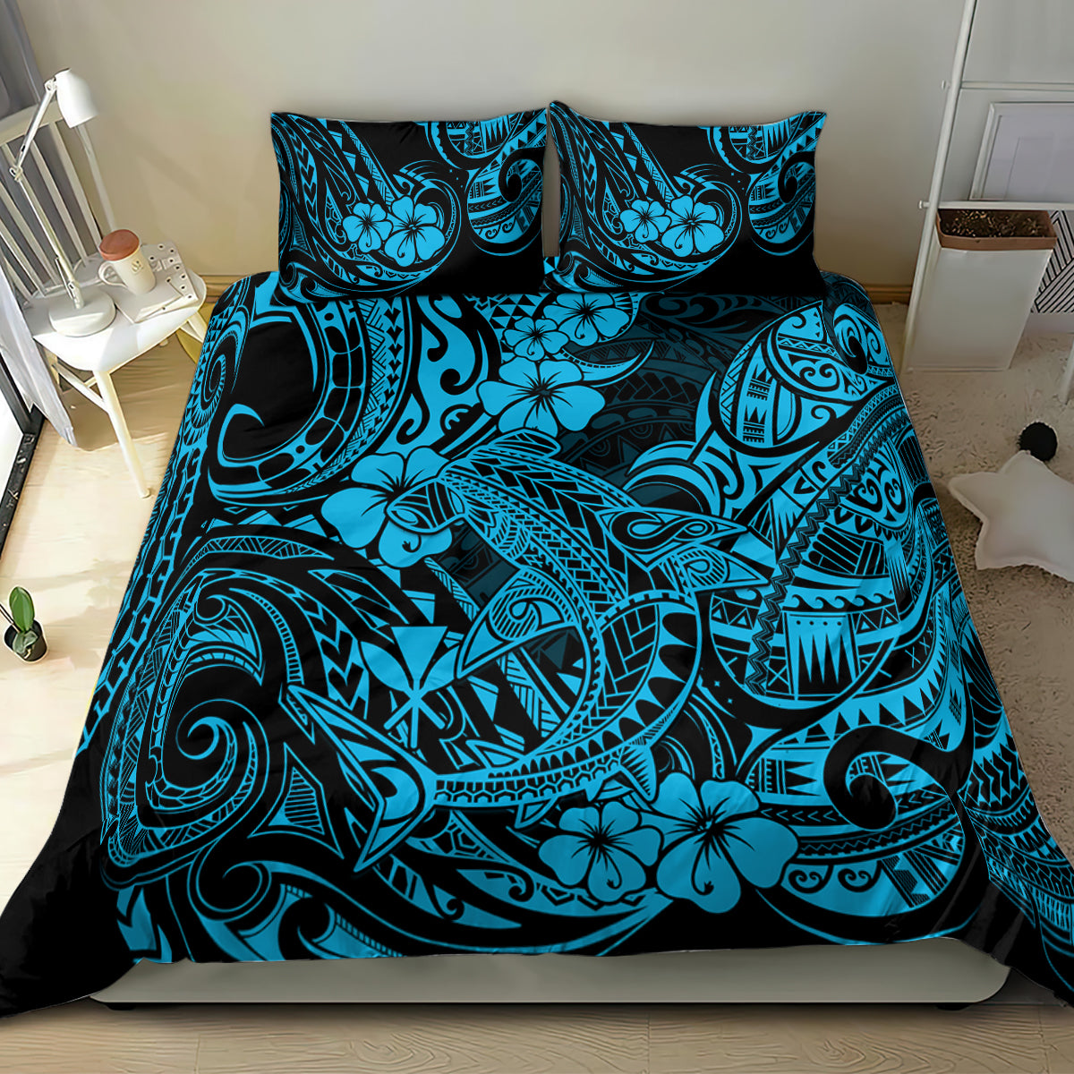 Shark bedding set with blue Polynesian pattern duvet cover and two pillow shams