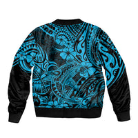 Unisex bomber jacket with blue Polynesian tattoo-style shark pattern, ribbed cuffs and hem
