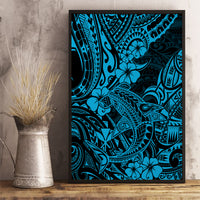 Framed canvas wall art with blue shark and Polynesian floral tribal pattern, tall