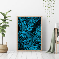 Wood-framed canvas wall art with blue shark and Polynesian tribal pattern