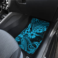 Blue Polynesian-pattern front car floor mat with hibiscus and wave motifs