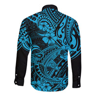 Long sleeve button shirt with blue Polynesian shark and floral back print, black sleeves