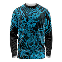 Unisex long sleeve shirt with sky-blue and black Polynesian shark graphic pattern