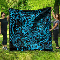 Polynesian shark quilt, black base with turquoise tribal and hibiscus flower motifs