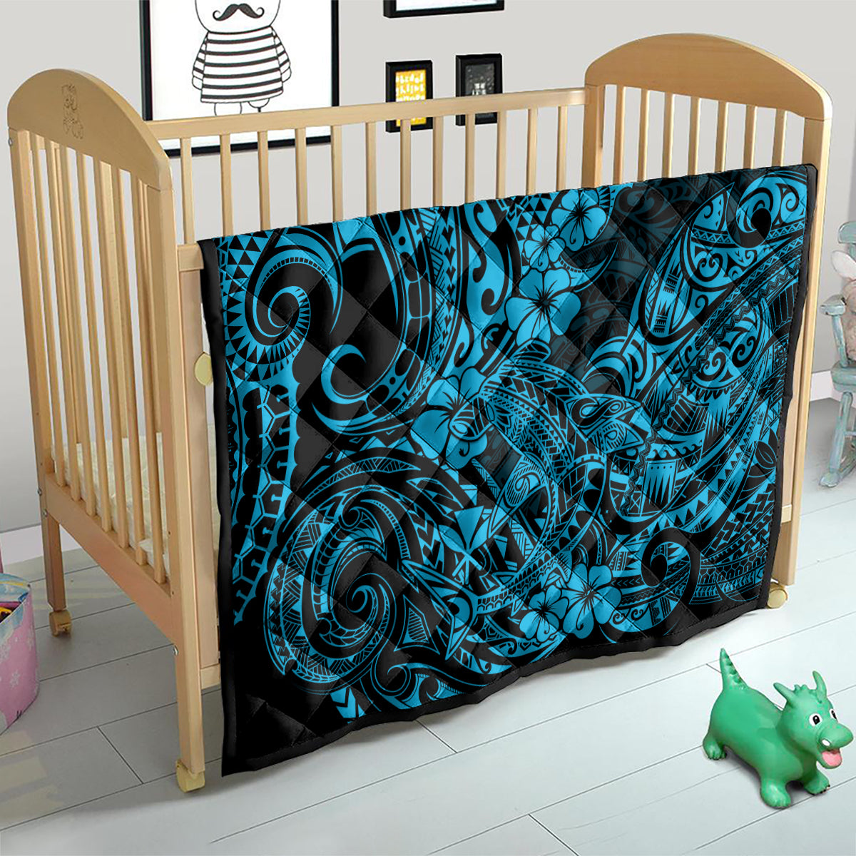 Polynesian shark quilt on crib, black base with turquoise shark tribal and flower motifs
