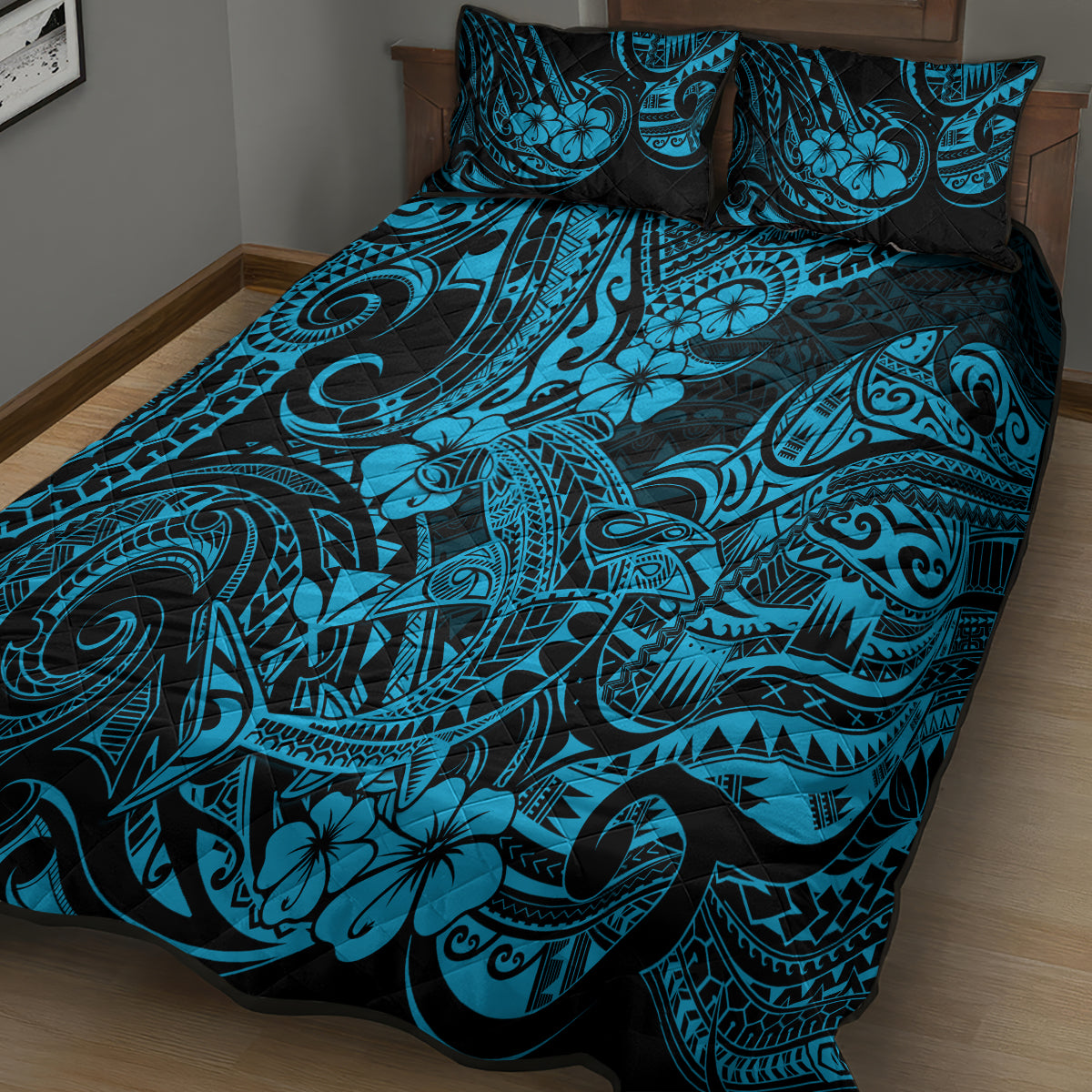 Blue and black Polynesian pattern quilt bed set with two pillow shams on bed