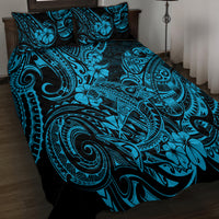 Blue and black Polynesian pattern quilt bed set with two pillow shams, close angle
