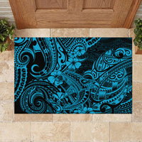 Rectangular blue Polynesian-pattern rubber doormat with dark border and tiki floral designs