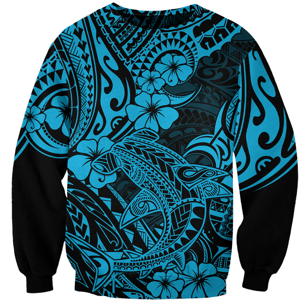 Hawaii shark sweatshirt with centered shark and hibiscus Polynesian print, crewneck, long sleeves.