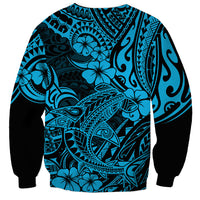 Hawaii shark sweatshirt with bold teal-and-black Polynesian shark motif, crewneck, long sleeves.