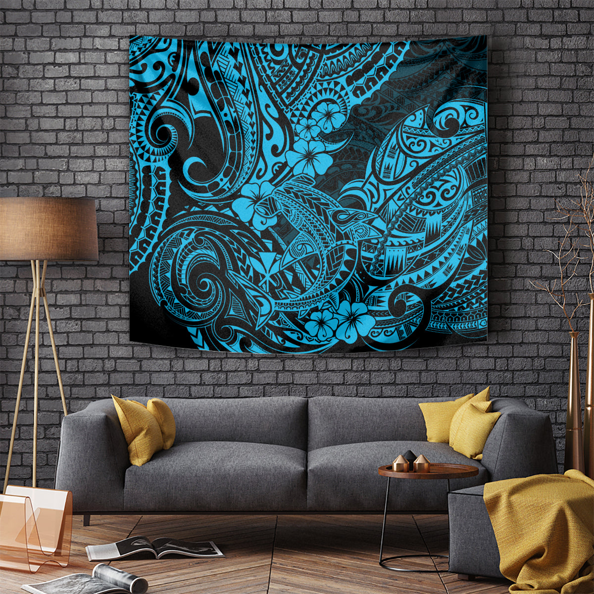Sky blue Polynesian shark tapestry with swirling tribal pattern in teal and dark accents