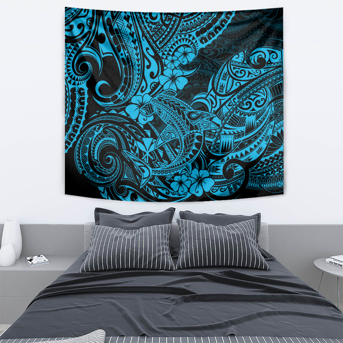 Blue Polynesian shark tapestry with ornate teal tribal motifs on a black background
