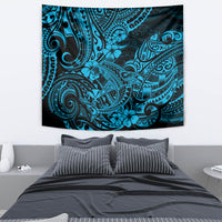 Blue Polynesian shark tapestry with ornate teal tribal motifs on a black background
