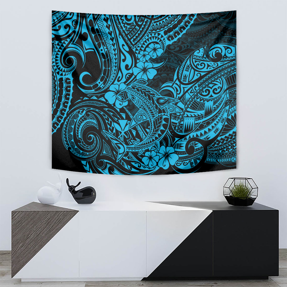 Teal and blue Polynesian shark tapestry with detailed tribal wave and flower motifs
